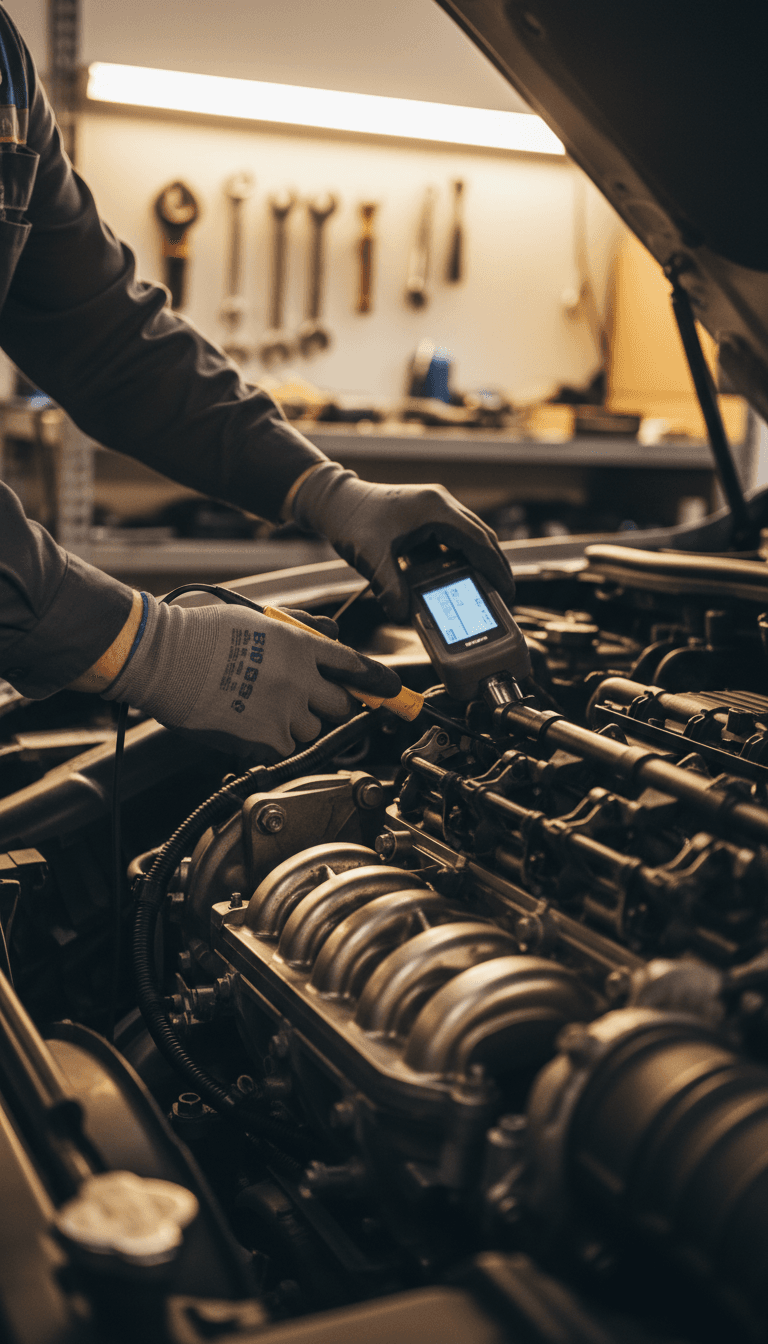 Beech Monroe Auto Shop technician performing detailed engine inspection