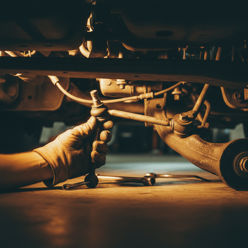 Technician inspecting suspension and steering components for alignment issues