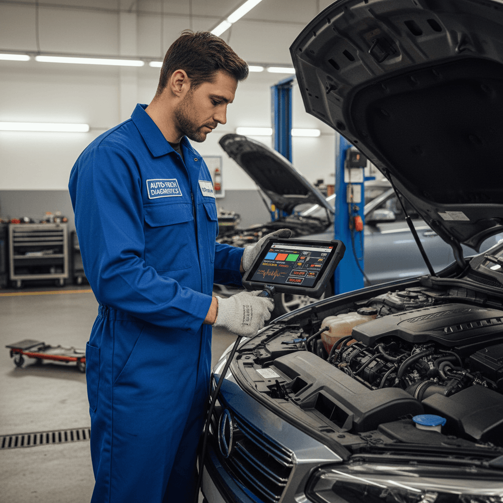 Mechanic performing engine diagnostics at Beech Monroe Auto Shop in Dearborn