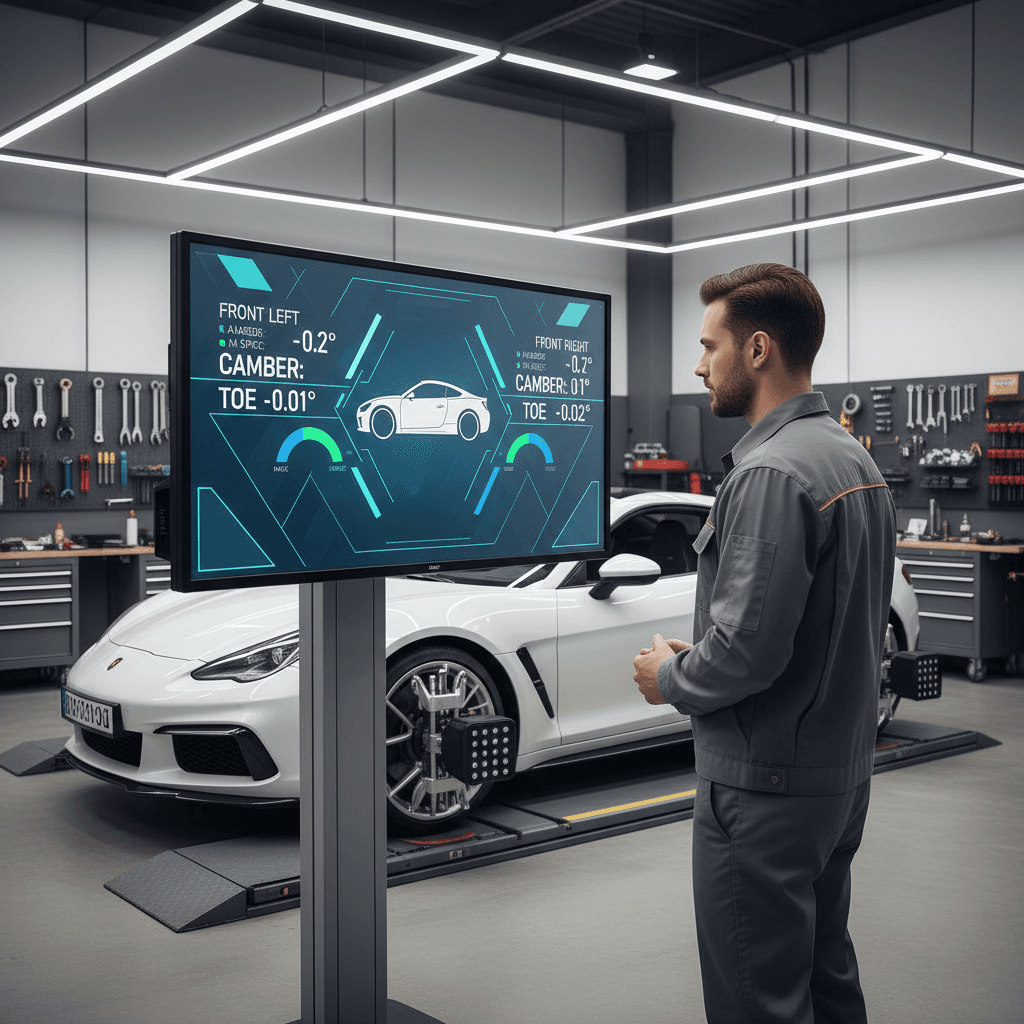 Technician reviewing digital wheel alignment diagnostic data on computer screen