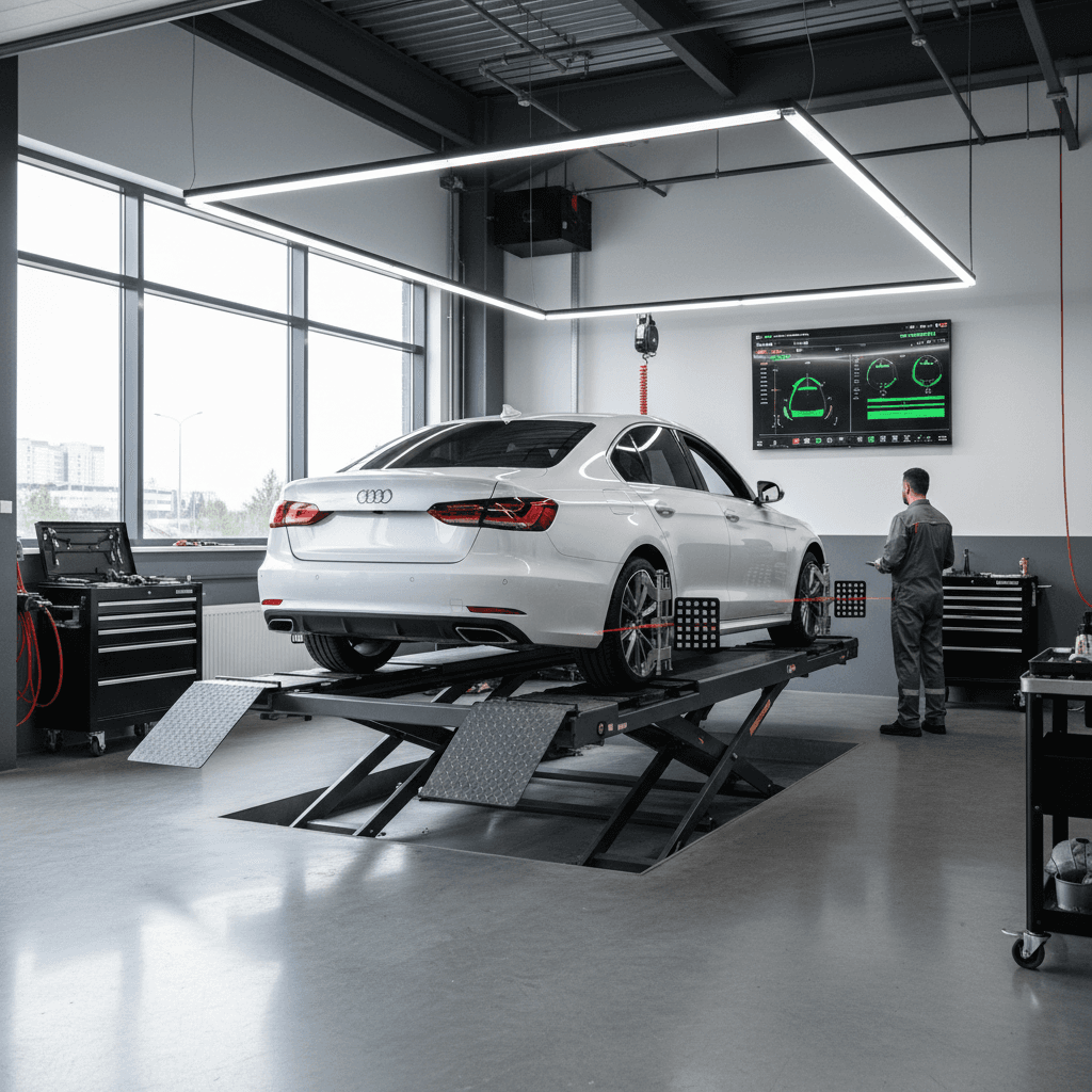 Vehicle positioned on 4-wheel alignment rack with measurement sensors