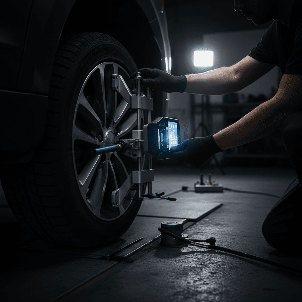 Technician performing wheel alignment sensor calibration on vehicle wheel