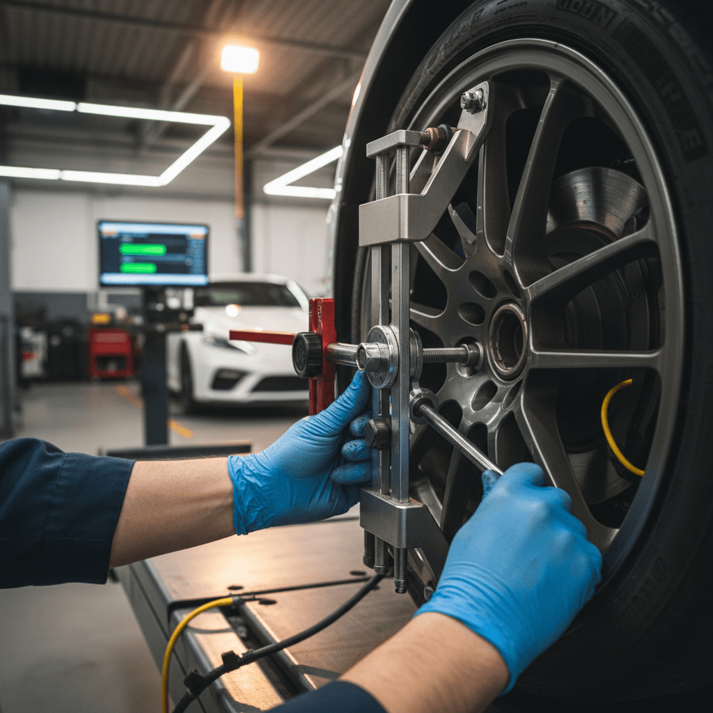 Technician adjusting front wheel alignment with precision tools
