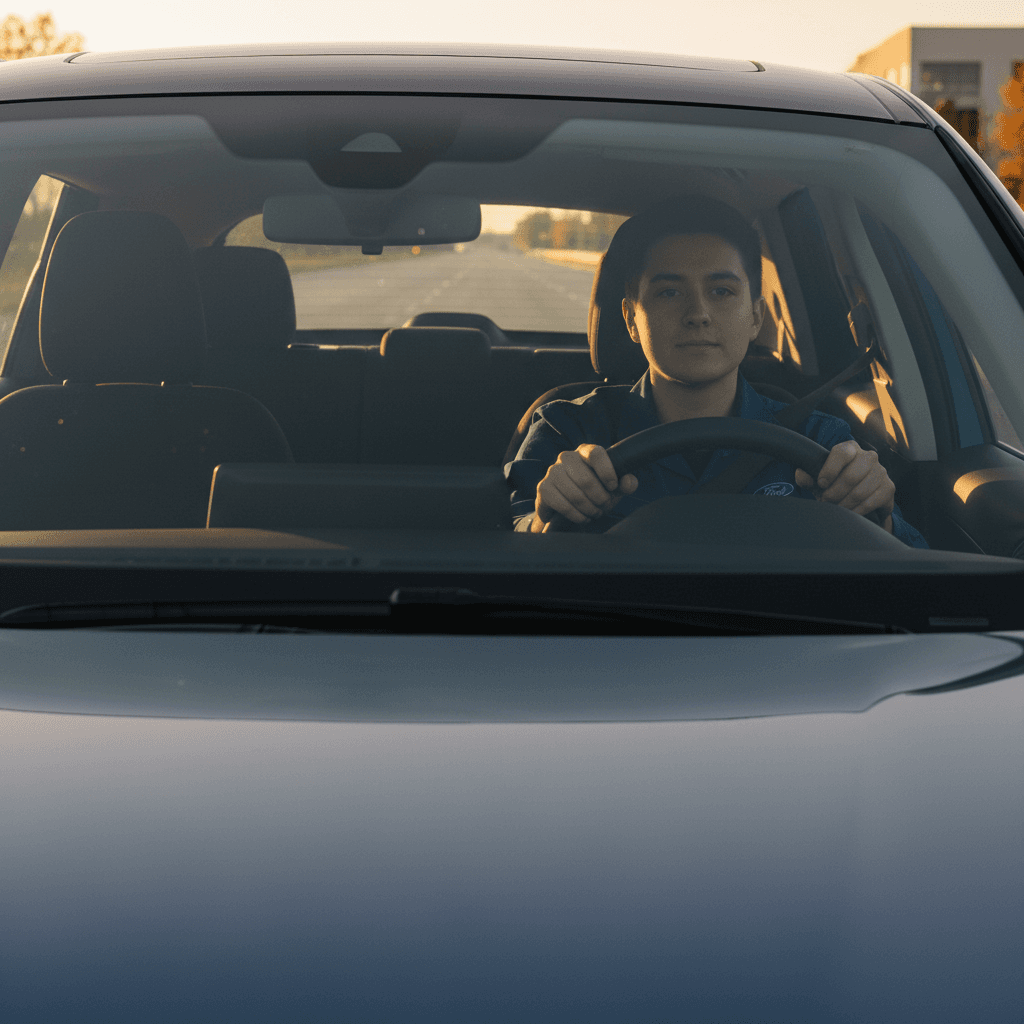 Technician performing test drive verification of wheel alignment