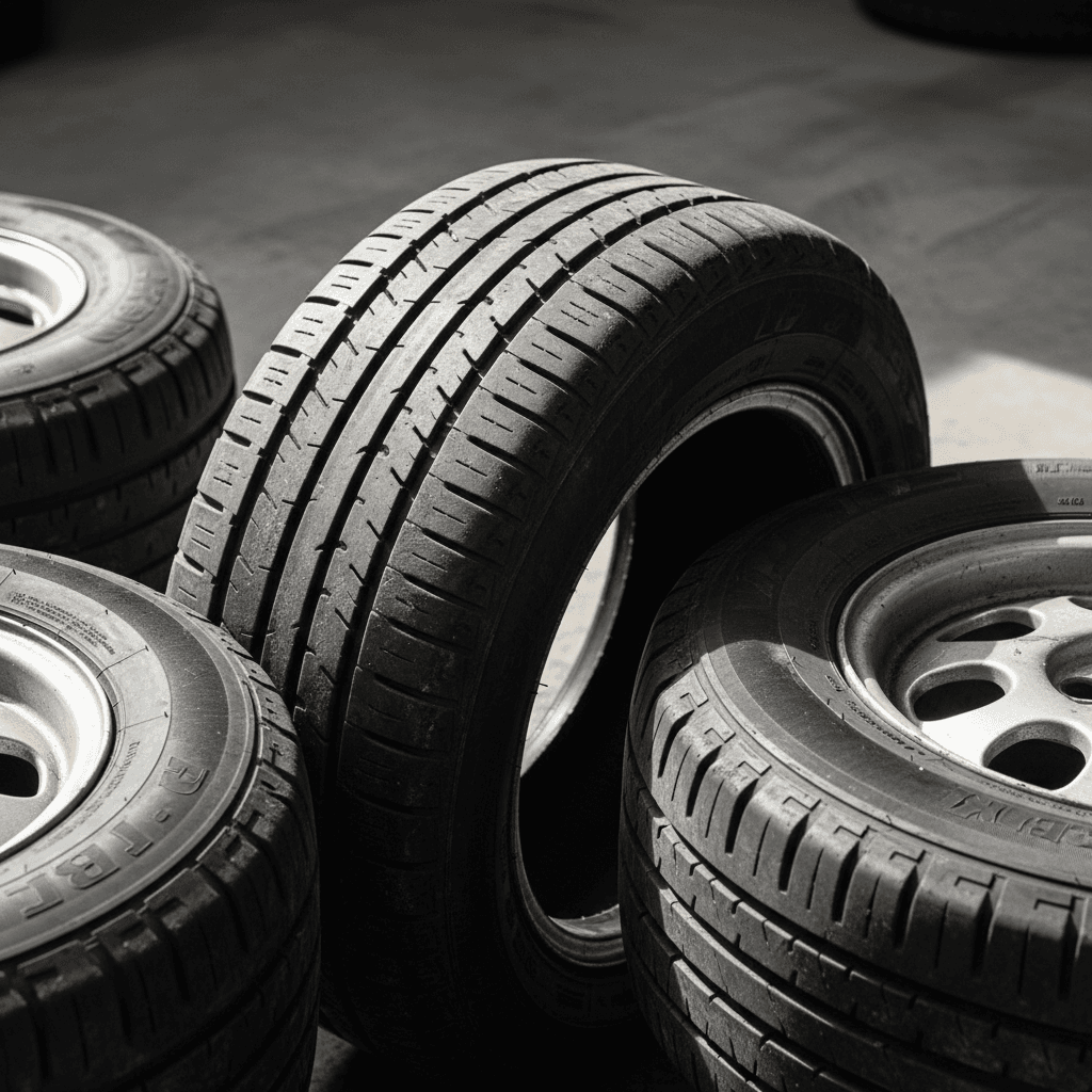 Close-up of tire tread showing uneven wear patterns from misalignment