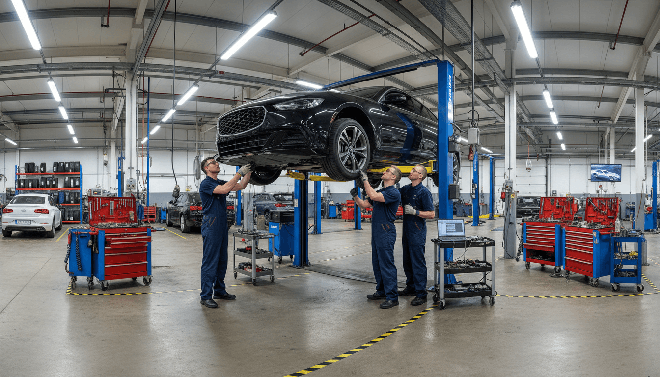 Wheel alignment service in progress at repair shop
