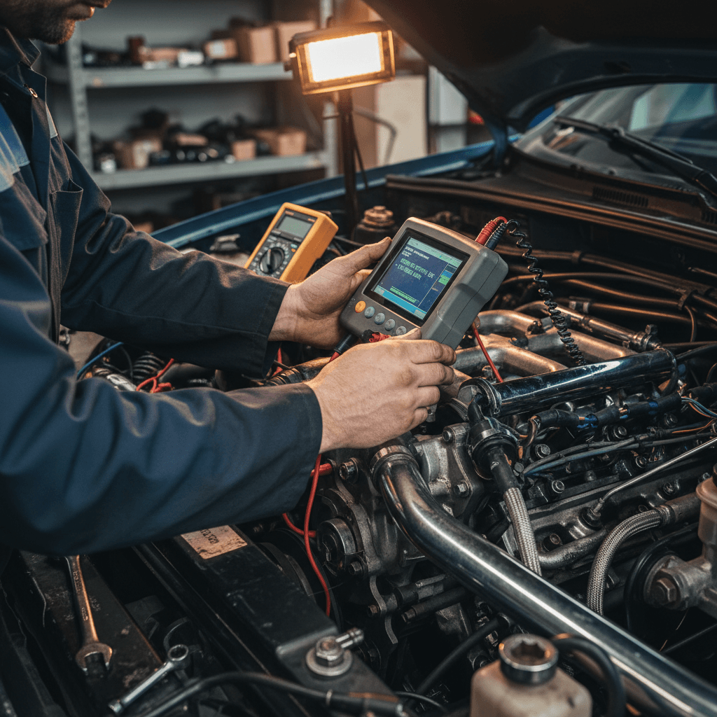 Mechanic's hands performing detailed engine diagnostic check with electronic testing equipment on vehicle engine